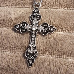 Hand Crafted Cross Necklace Silver Black Victorian Style Christain